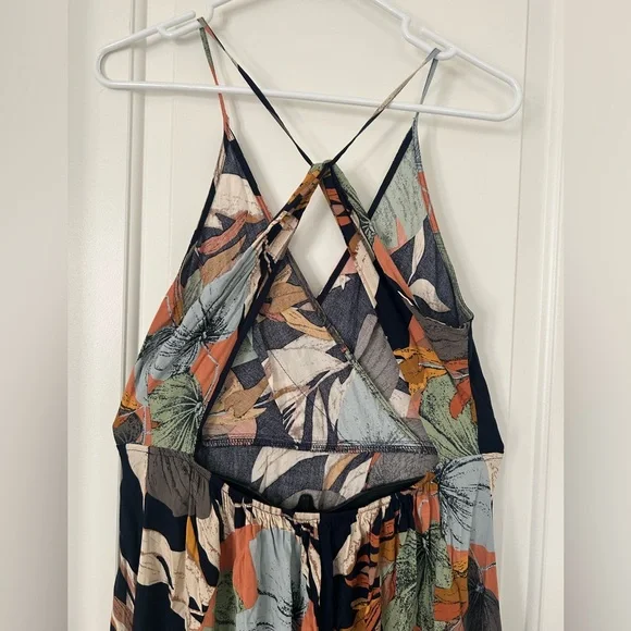 Tropical Print Navy Open Back Thigh Slit Maxi Dress Size Large - Picture 7 of 8